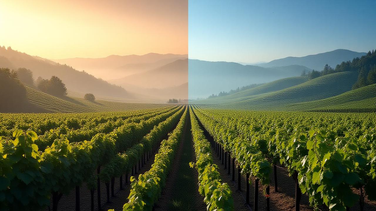 Split panoramic of Piedmont and Lombardy vineyards at sunrise
