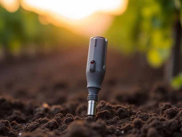 Close-up of an AI-integrated soil moisture sensor installed in a Piedmont vineyard