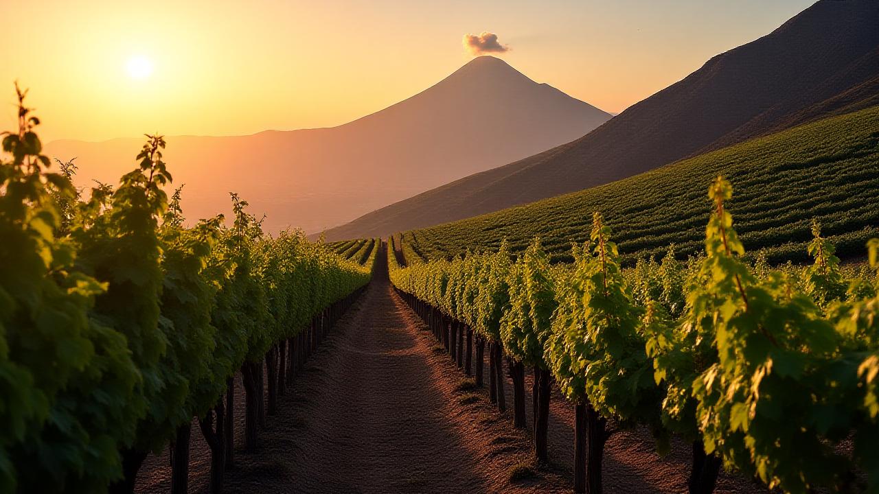 Panoramic view of high-altitude vineyards on the volcanic slopes of Mount Etna with smoke visible in the distance