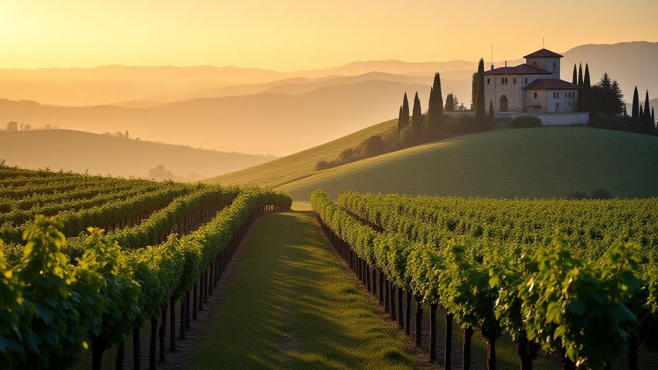 Sunrise over terraced Tuscan vineyards